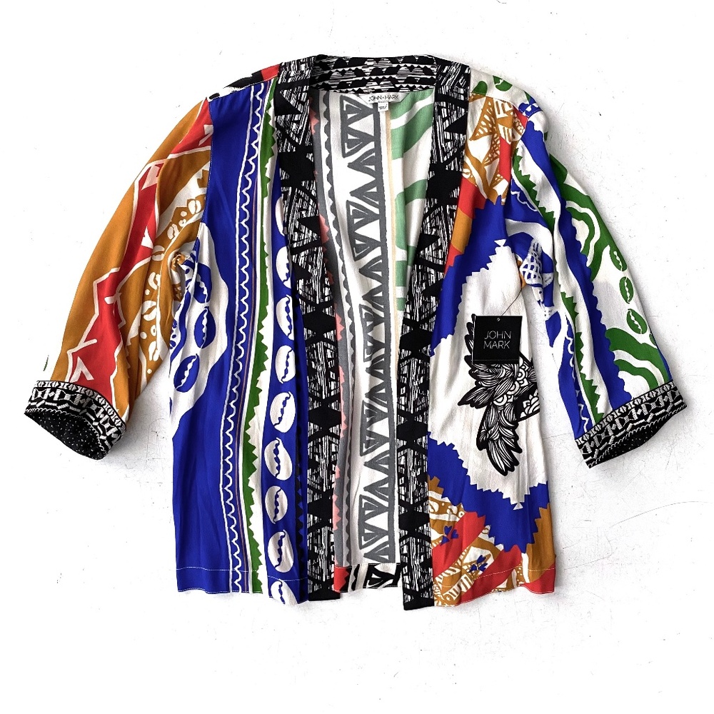 John Mark Nwt Multi Print Open Front Neck 3/4 Sleeve Kimono Top Petite Medium PM